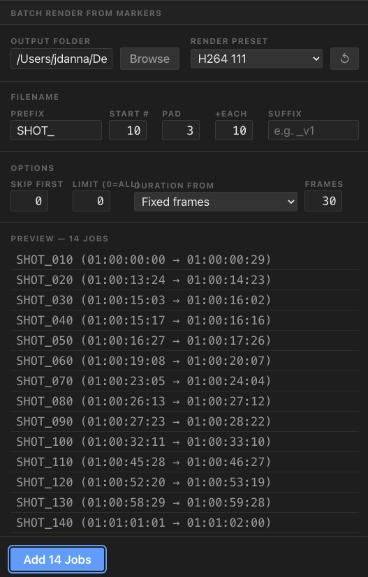 Batch Render from Markers dialog