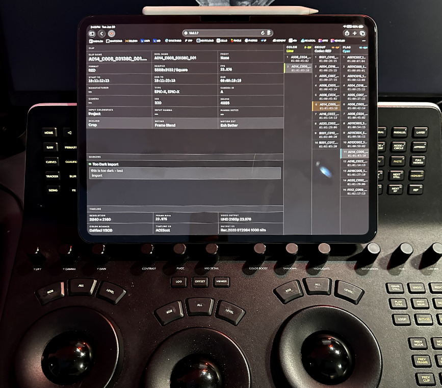 Colossus running in a browser on an iPad at a color suite