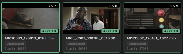 Clip thumbnails with a green APPLIED indicator after their grades were copied