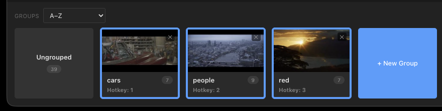 Group bar showing Ungrouped, cars, people, and red groups with previews and clip counts